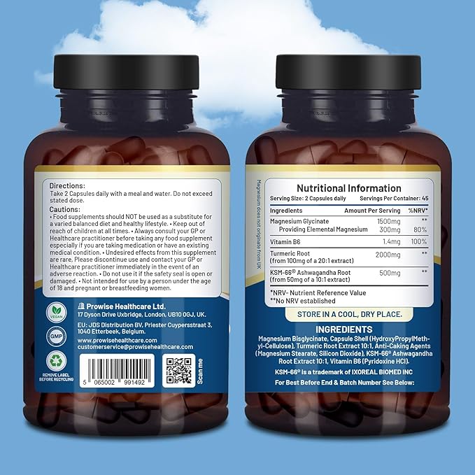 4-in-1 Magnesium Glycinate Added with KSM-66 Ashwagandha, Turmeric and Vitamin B6 | 90 Vegan Capsules | 4,001 mg per Serving | Easy to Swallow Capsule | GMO & Gluten Free | Premium Quality by Prowise