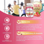 Vitamin B12 Gummies - 5000 mcg Methylcobalamin with Iron, Vitamin C, D3 & Folate, Energy Support and Metabolism, Immune, B-12 Complex Chewable Supplement for Men & Women,Strawberry Flavor