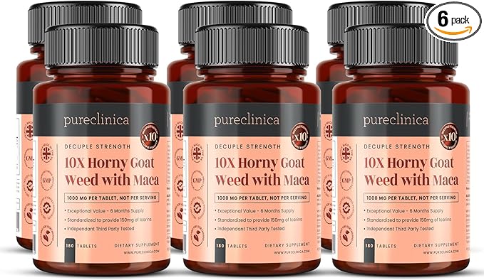 pureclinica Horny Goat Weed & Maca Extract – 750mg (5:1) & 250mg (10:1) per Tablet – 1080 Tablets (6 x 180) – 36 Month Supply