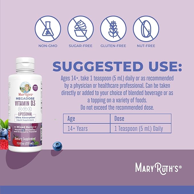 MaryRuth Organics Megadose Vitamin D3 Liposomal | Vitamin D 4000 IU | Ultra Absorption | Immune Support for Adults | Bone Health | VIT D3 | Vegan | Sugar Free | Gluten Free | Non-GMO | 45 Servings