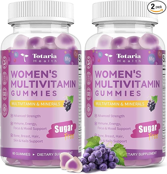 Totaria (2 Pcs) Sugar Free Multivitamin Gummies for Women 14+ w/Inositol, Iron, Folate, Biotin, Womens Daily Multivitamin Gummy w/Vitamin A, D, C, B, Support Hair, Skin, Energy, Immune, Grape Flavor
