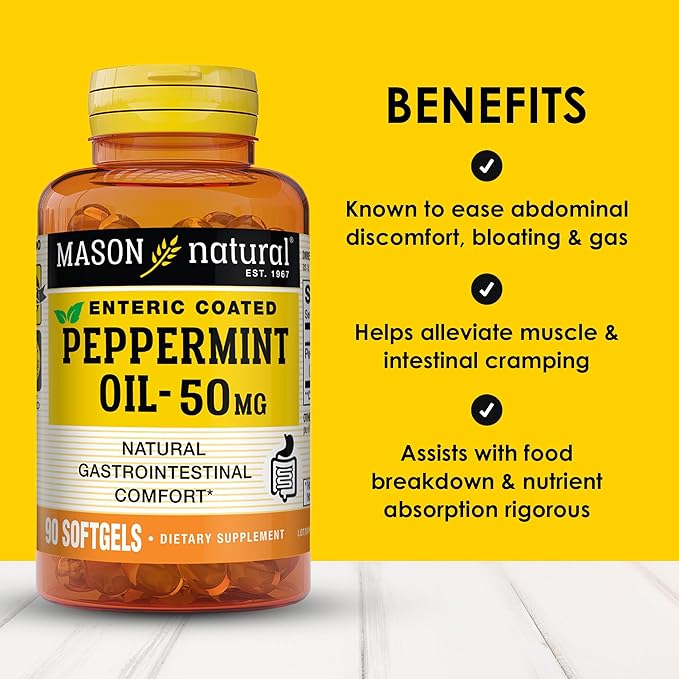 MASON NATURAL Peppermint Oil 50 mg Enteric Coated Supplement, 90 Day Supply of Gastrointestinal Support for Normally Functioning Bowel, Softgel Pills