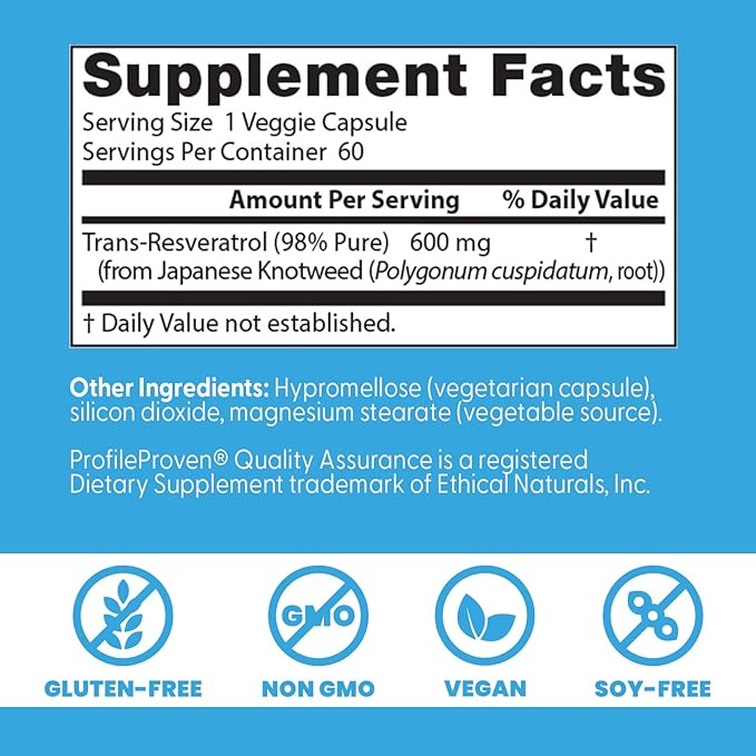Doctor's Best Trans Resveratrol Supplement 600 mg for Men & Women - 98% Pure Trans-Resveratrol Capsules for Nutrition, Health & Wellness Support, Vegan, Gluten Free, Non GMO - 60 Veg Caps