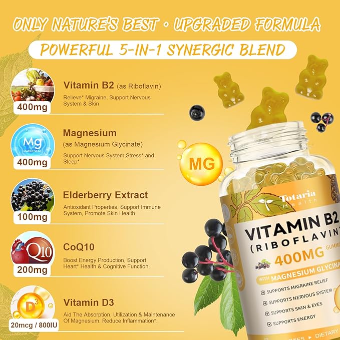 Totaria (2 Packs) Vitamin B2 Gummies, Sugar Free Riboflavin 400mg Supplement for Adults & Kids with Magnesium Glycinate 400mg, COQ10 & Elderberry