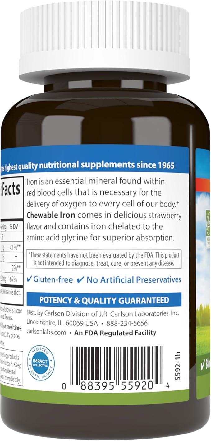 Carlson - Chewable Iron, 30 mg, Superior Absorption, Blood Health, Energy Production & Optimal Wellness, Chewable Iron Supplement for Women & Men, Natural Strawberry Flavor, 120 Tablets