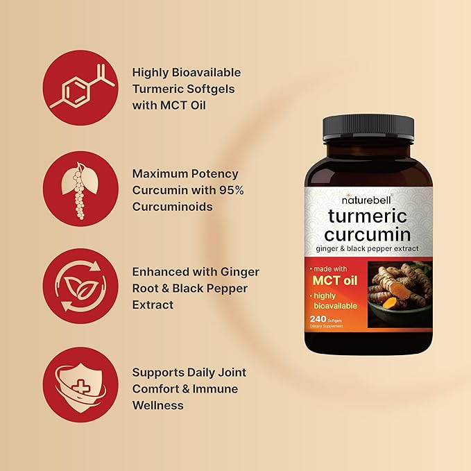 Turmeric Curcumin Supplement with Black Pepper & Ginger | 95% Curcuminoids | 240 Softgels with MCT Oil for Better Absorption (120 Day Supply)