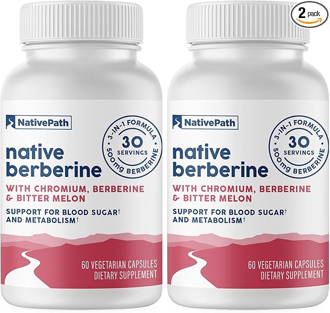NativePath Native Berberine HCl 3-in-1 Complex with Chromium & Bitter Melon Extract - 500mg Premium Metabolic Support - 60 Capsules (Pack of 2)