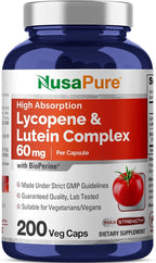 NusaPure Lycopene & Lutein Complex 60mg per Caps, 200 Veggie Capsules (Non-GMO, Vegan)