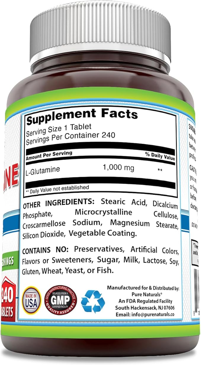 Pure Naturals L-Glutamine Supplement | 1000 Mg Per Serving | 240 Tablets | Non-GMO | Gluten Free | Made in USA