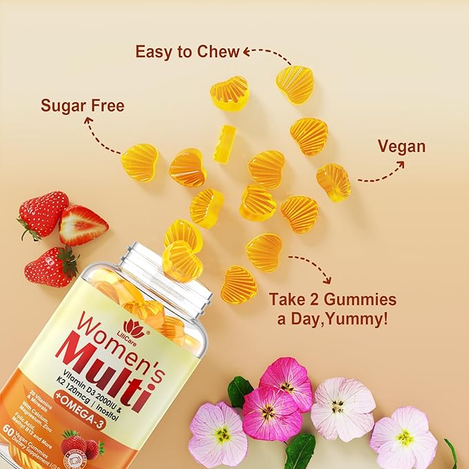 Womens Multivitamin Gummy with Omega 3（DHA/EPA), Vitamin D3 K2, Calcium, Inositol, Daily Womens Vitamin A C E B Complex, L-MethylFolate, Methyl B12,Sugar Free Methylated Multivitamins Minerals, 60Cts