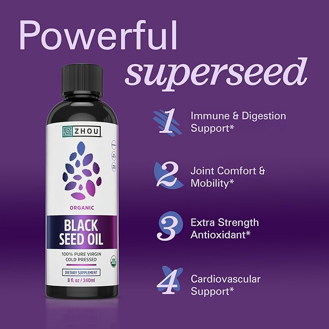ZHOU Organic Black Seed Oil - Black Cumin Seed Oil Cold Pressed, Nigella Sativa, Pure Unrefined Blackseed Liquid, Premium Supplement for Health with Thymoquinone, Omega 3 6 9-8 Fl Oz (Pack of 2)