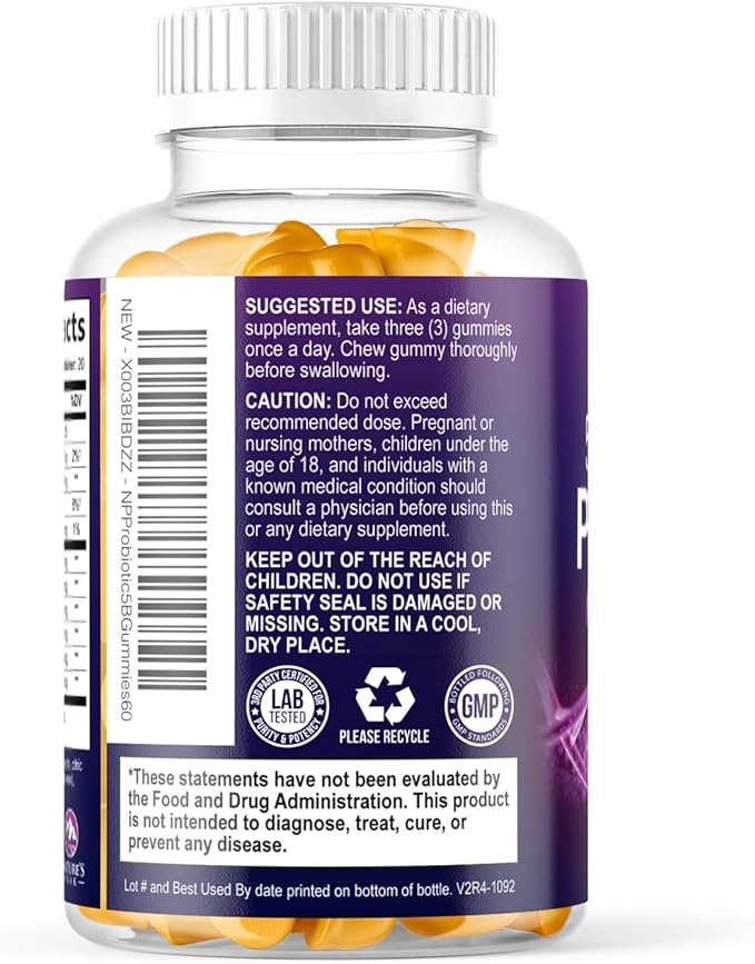 Probiotic Gummies - 6 Premium Probiotic Strains - Daily Gut Health Pro Biotic Gummy Supplement for Women, Men & Teens, Natural Digestive Health Support, “Good” Gut & Immune Support - 60 Gummies