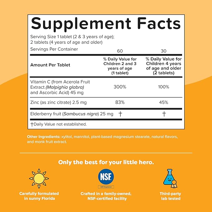 Renzo's Invincible Kids Vitamin C with Elderberry Vitamin C and Zinc, Dissolvable Kids Vitamins for Immune Support, Sugar-Free Melty Tabs, Orange Flavor, 60-Count (1-2 Month Supply)
