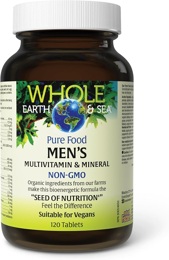 Natural Factors Whole Earth & Sea Men's Multivitamin & Mineral - Daily Health Supplement for Men Under 50 - Vegan, Non-GMO & Gluten-Free - 120 Tablets (60 Servings)