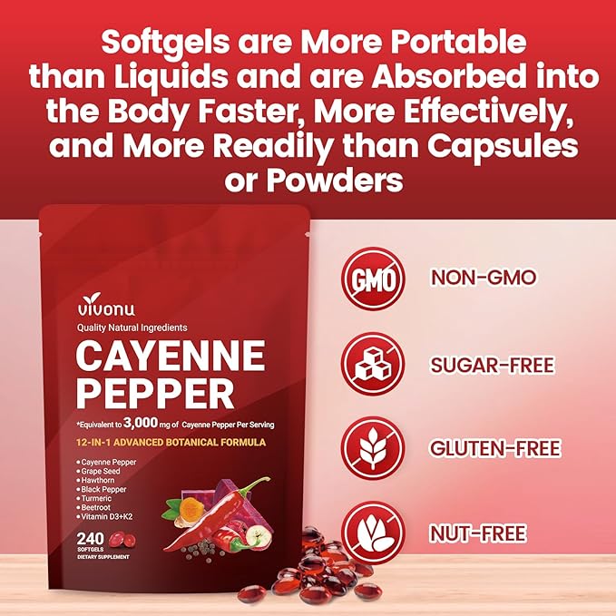 VivoNu Cayenne Pepper Softgels Supplement, Supports Leg Vein, Heart and Blood Vessel Health, with Vitamin E D3+K2 and Extracts of Grape Seed, Hawthorn, Beetroot and Others