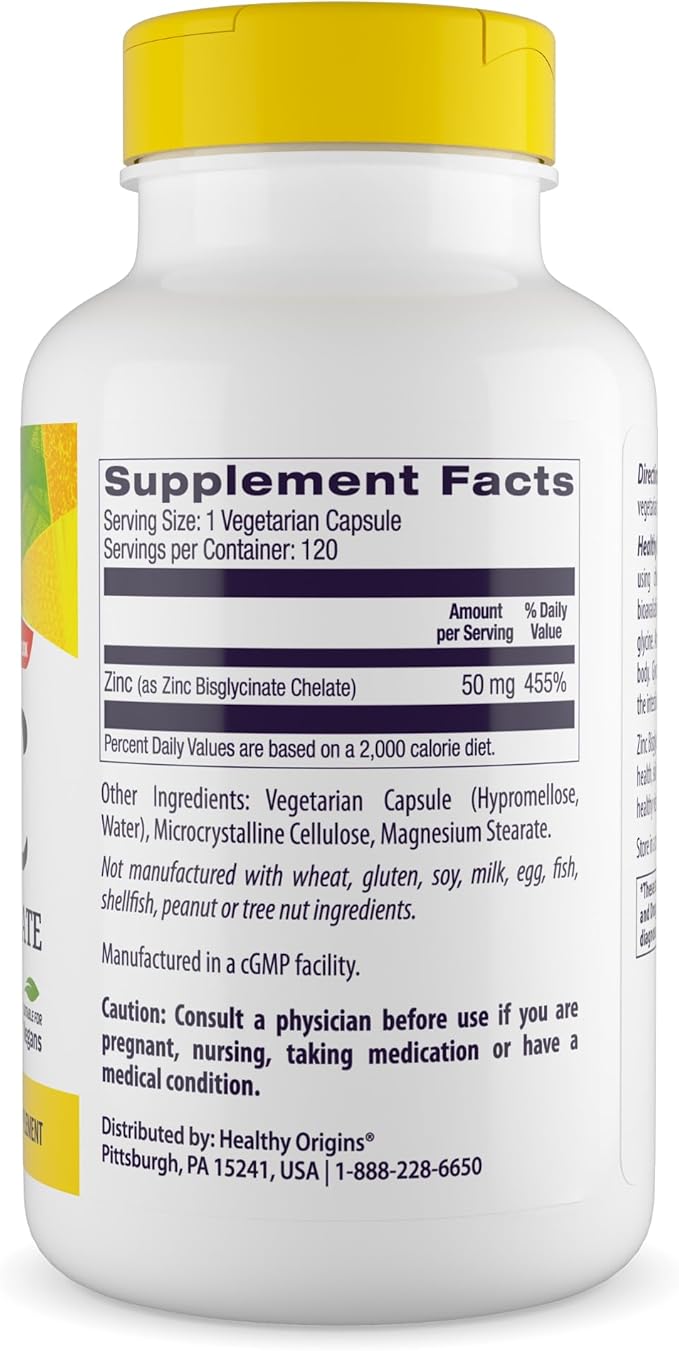 Healthy Origins Zinc Bisglycinate Chelate 50 mg, 120 Veggie Capsules - Featuring Albion Minerals TRAACS High Bioavailability Complex, Supports Immune & Metabolic Health & Skin Cellular Support