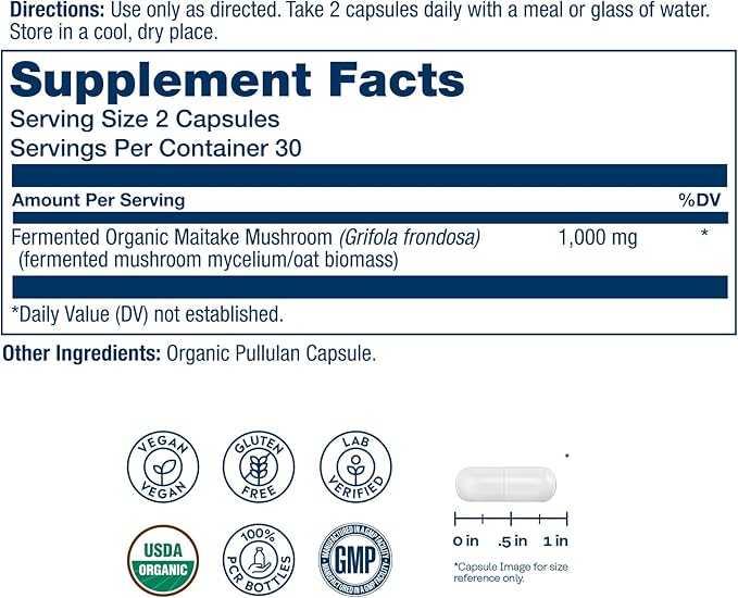 SOLARAY Organic, Fermented Maitake Mushroom Supplement 1000mg - Herbal Adaptogens - Powerful Mushrooms for Health and Wellness Support - Vegan, Gluten Free, 60-Day Guarantee, 30 Servings, 60 VegCaps