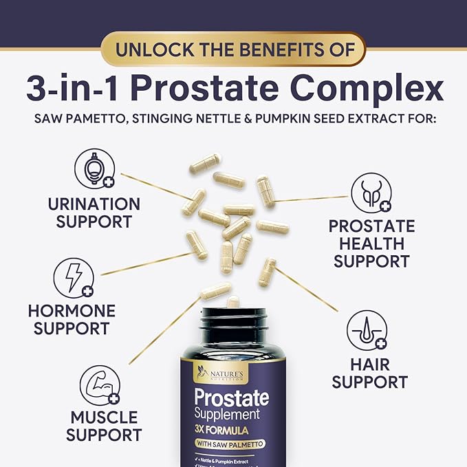 Prostate Health Supplements for Men - 3X Strength with Saw Palmetto Blend Stinging Nettle Root & Pumpkin Seed Support Complex - Supports Bathroom Trips Prostate & Urinary Health - 120 Capsules