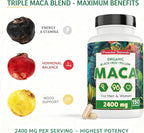 Peruvian Naturals Organic Maca Root Capsules for Women & Men, 2400 mg, 300 Vegan Pills with Black, Red & Yellow Root, Gelatinized, Non-GMO, Pack of 2