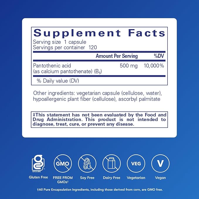 Pure Encapsulations Pantothenic Acid | Hypoallergenic Supplement Supports Cellular Energy Production, Adrenal and Cardiovascular Health | 120 Capsules