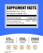 BulkSupplements.com Thiamine Mononitrate Powder - Vitamin B1 Powder, Thiamine B1 Supplement - B1 Vitamins, Gluten Free, 125mg per Serving, 250g (8.8 oz) (Pack of 1)