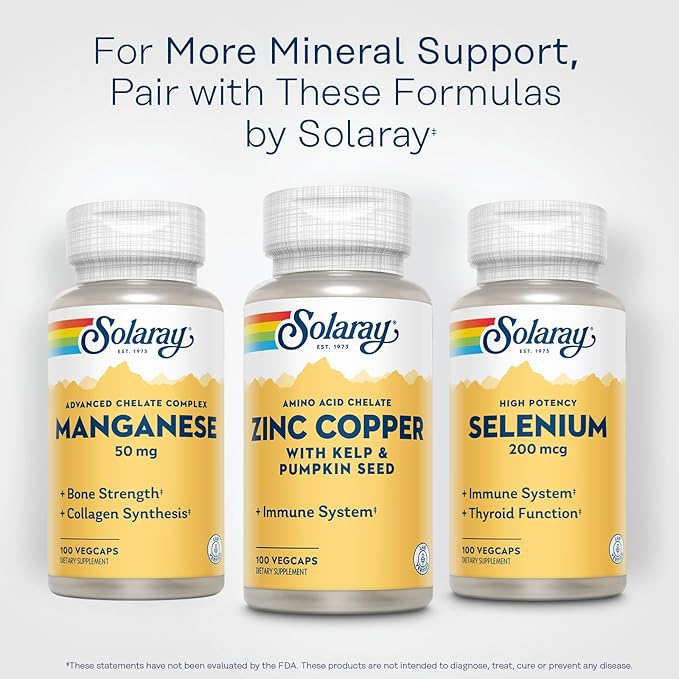 SOLARAY Zinc Copper Amino Acid Chelate - Immune Support Supplement w/Chelated Zinc 50mg - Bone, Skin, Heart Health and Thyroid Support - with Iodine from Kelp, 60-Day Guarantee, 100 Serv, 100 VegCaps