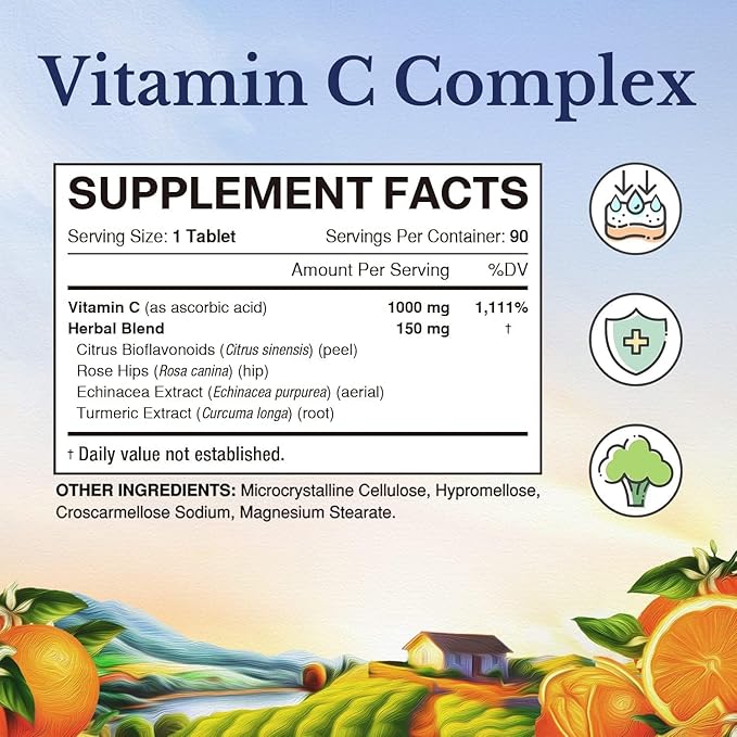 Vitalitown Vitamin C Complex 1000mg with Rose HIPS, Bioflavonoids, Turmeric & Echinacea, Daily Immune Support, Collagen Booster & Powerful Antioxidant, Vegan, 90 Tablets