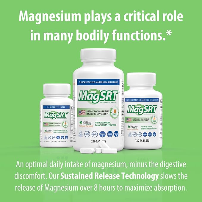 Jigsaw Health MagSRT | Magnesium Supplement with Vitamin B6, Folate & B12 | 120 Tablets | 30 Servings