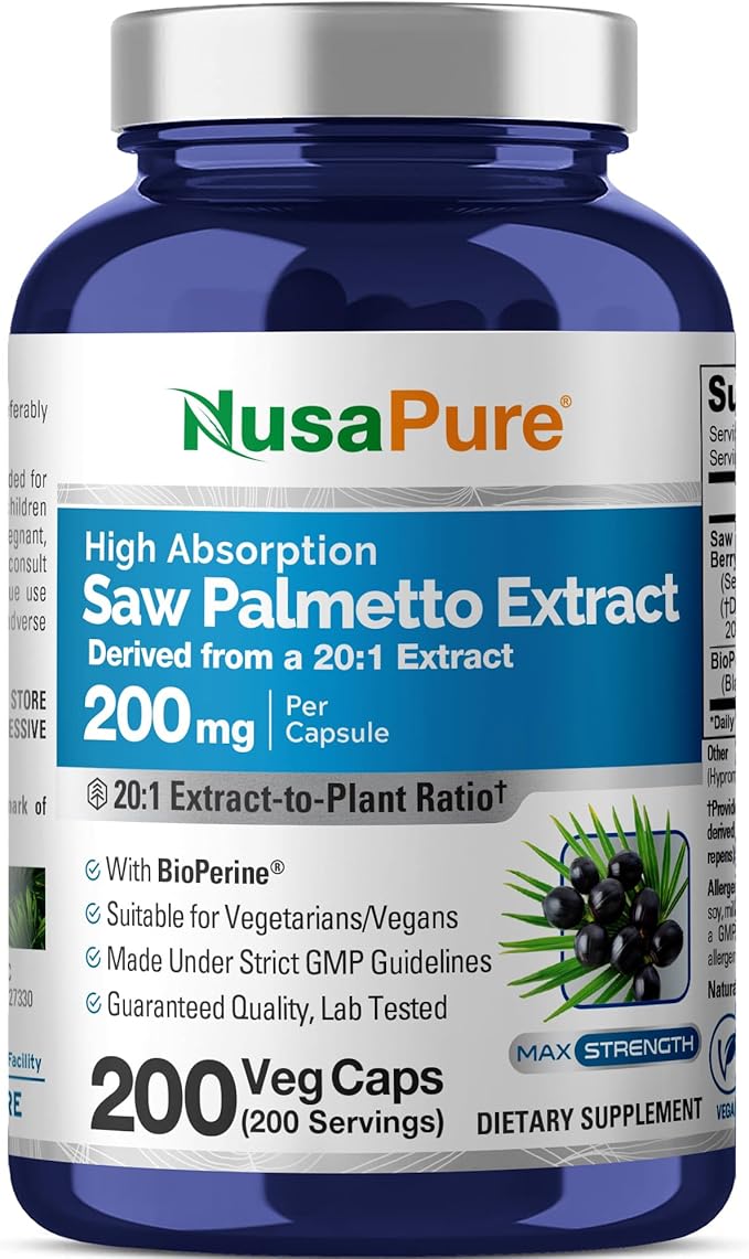 NusaPure Saw Palmetto, 200 mg, 200 Veg Capsules (Non-GMO, Vegan)