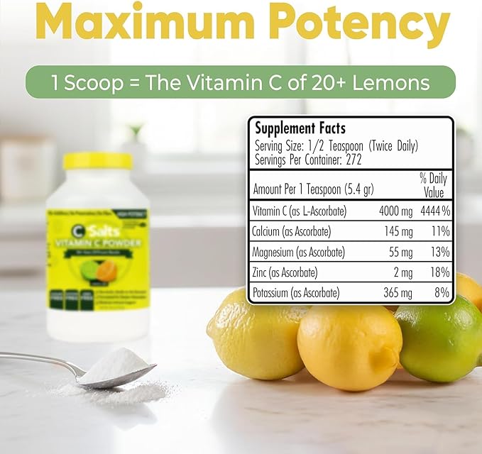 C-Salts Vitamin C Powder - 100% Pure Buffered Ascorbic Acid Powder for Daily Immune Support & Collagen Production - Stomach-Friendly Organic Vegan Non-GMO Sugar-Free - 272 Servings - Lemon Lime, 26oz