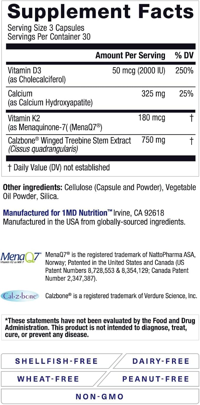 1MD Nutrition OsteoMD for Comprehensive Bone Support | with Calcium Hydroxyapatite, Vitamin D3 & K2 | 180 Capsules (2-Pack)