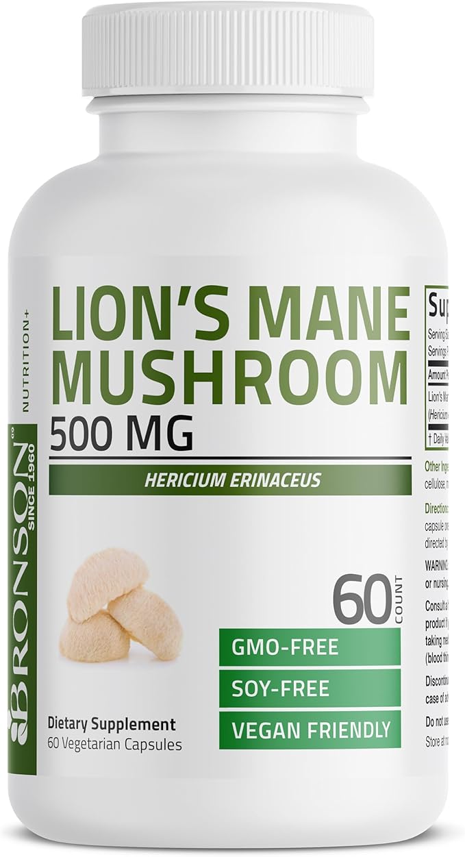 Bronson Lion's Mane Mushroom 500mg Hericium Erinaceus Non-GMO, 60 Vegetarian Capsules