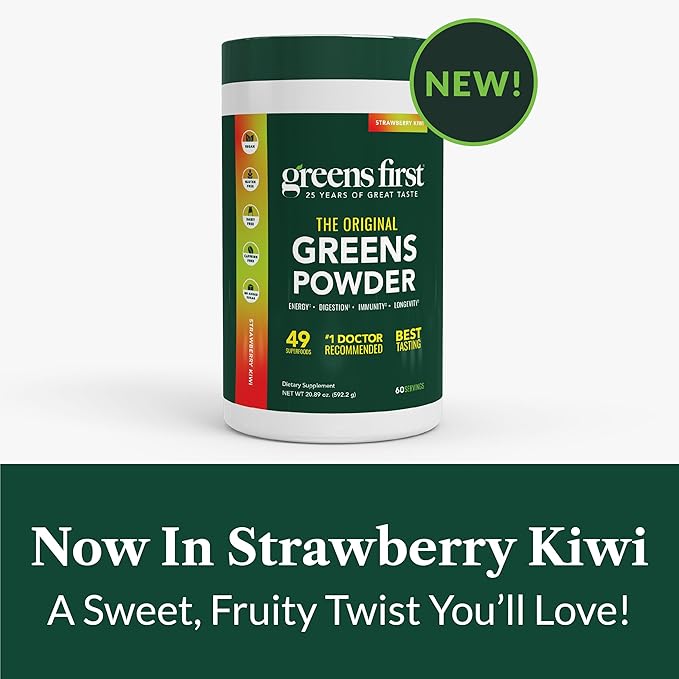 Greens First Original Greens Powder - 49 Superfoods - Organic Fruits & Veggies - Prebiotics, Probiotics & Digestive Enzymes - Antioxidant - Dairy Free/Vegan/Non-GMO (Strawberry Kiwi, 60 Servings)