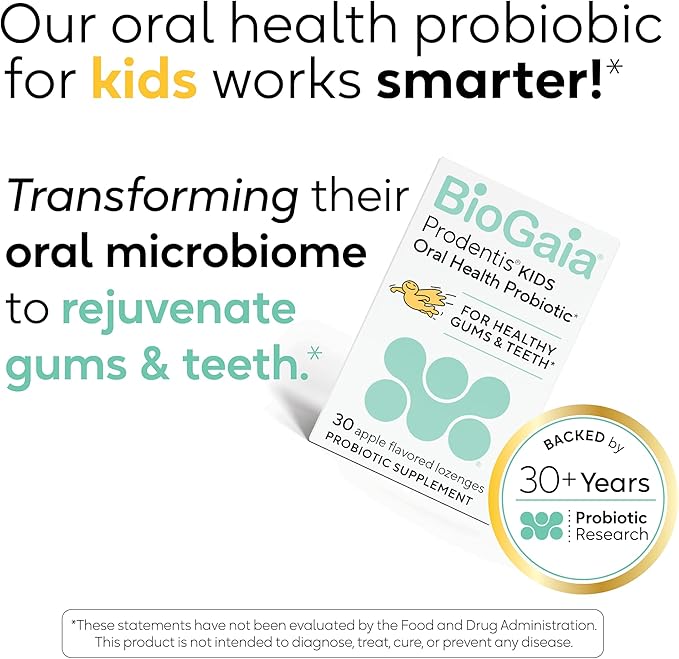 BioGaia Prodentis Kids | Dental Probiotics for Teeth and Gums | Promotes Good Oral Health & Gut Health Too | Oral Probiotics | 30 Apple-Flavored Lozenges | 1-Pack