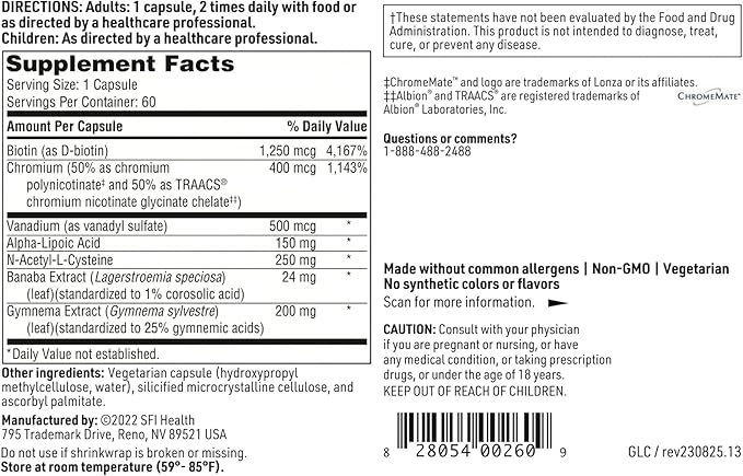 Klaire Labs SFI Health GlucoThera - Hypoallergenic Chromium Complex with Alpha-Lipoic Acid, Banaba Extract & Vanadium (60 Capsules)