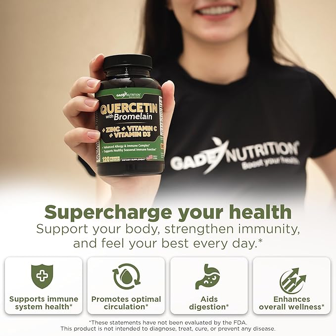 Gade Nutrition Quercetin with Vitamin C and Zinc - Quercetin 500mg - Quercetin with Bromelain - Zinc Quercetin - Quercetin Supplements + Vitamin D3 (Non-GMO, Gluten-Free, Vegan) - 4 Month Supply