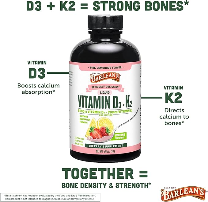 Barlean's Pack of 2 Vitamin D3+K2 Liquid Supplement for Kids and Adults, 5000 IU Vitamin D, Pink Lemonade, Non-GMO, Gluten and Dairy Free, 5.6 oz Each