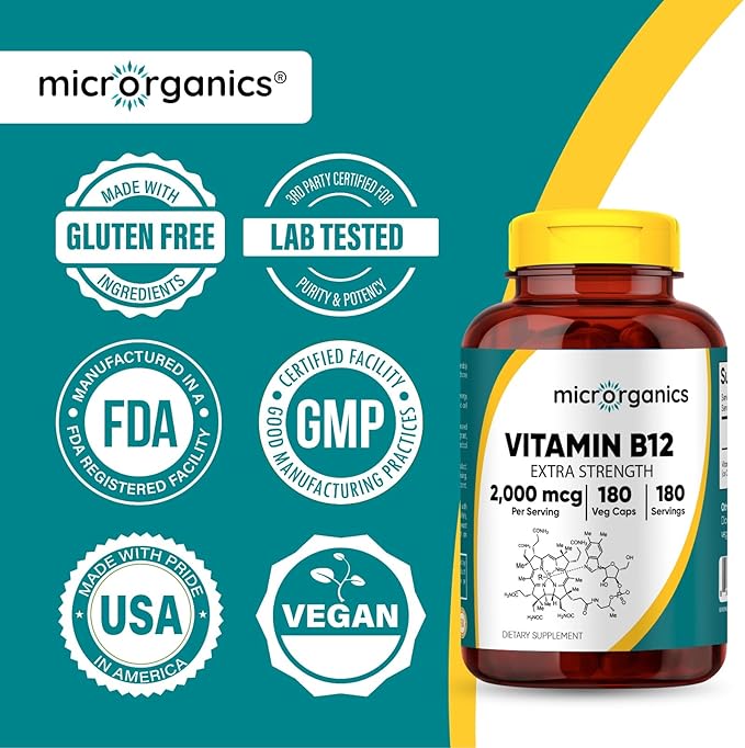 Vitamin B12 2,000 mcg Extra Strength – Energy, Focus & Nervous System Support – Cyanocobalamin Form – 180 Vegan Capsules, 180 Servings