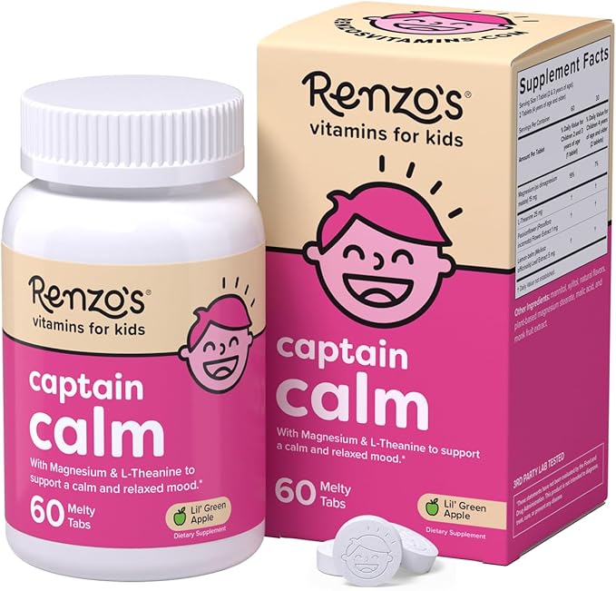 Renzo's Captain Calm Kids Magnesium Supplement with L-Theanine, Dissolvable Kids Vitamins for Relaxation and Mood Support, Sugar-Free Melty Tabs, Green Apple Flavor, 60-Count (1-2 Month Supply)