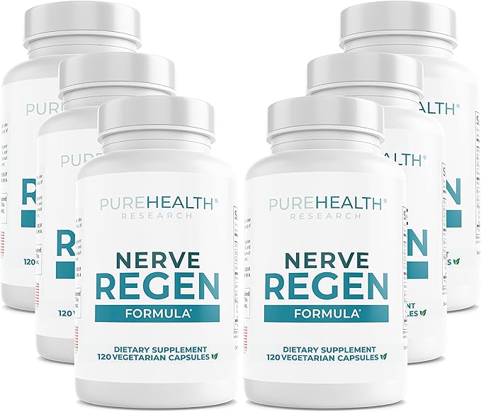 PUREHEALTH RESEARCH Nerve Regen Formula - Nerve Support Supplement for Feet & Hands - with Alpha Lipoic Acid ALA, Benfotiamine, Acetyl L-Carnitine, Vitamin B2, B6, B12, D3 & More - 6 Bottles