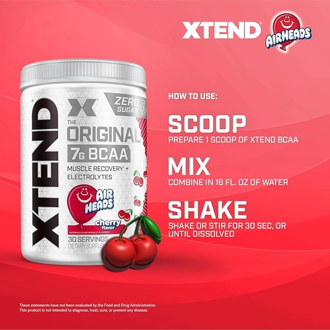 Xtend Original BCAA Powder Airheads Candy Flavor,7g BCAA and 2.5g L-Glutamine,Sugar Free Post Workout Muscle Recovery Drink with Amino Acids for Men & Women,30 Servings,(Pack of 2)