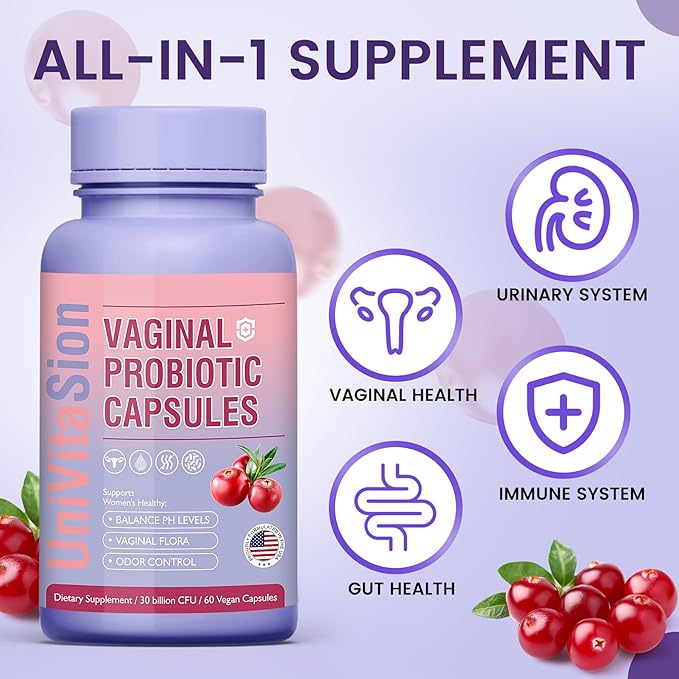 UniVitaSion Vaginal Probiotics for Women pH Balance, Lactobacillus Prebiotic Complex, Cranberry Extract, D-Mannose for Protect Vaginal Health Flora, Vaginal Odor Control - 30 Billion CFU, 60 Capsules