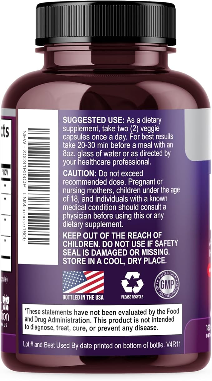 D-Mannose Supplement - 1,000mg D Mannose Per Serving with Cranberry, Hibiscus & Dandelion - Fast-Acting, Natural Urinary & Bladder Support for Women & Men – Flush & Cleanse Impurities – 180 Capsules