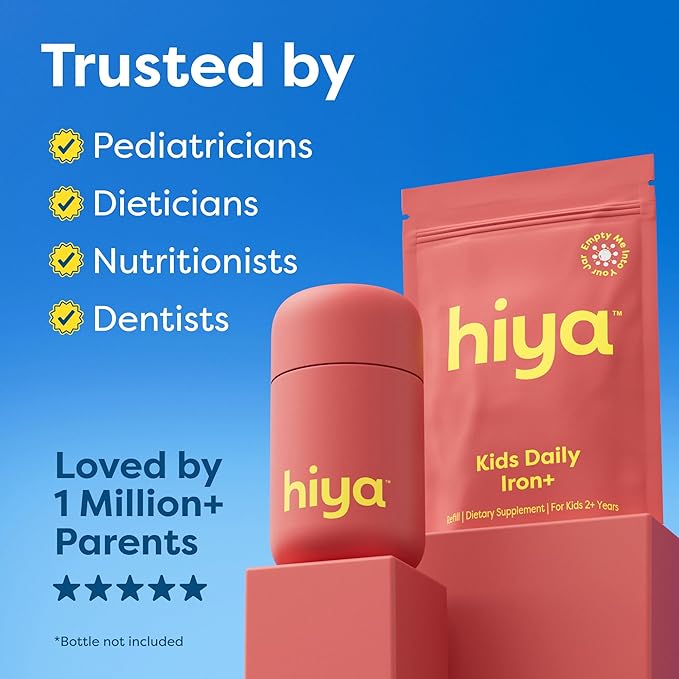 Hiya Iron+ Supplements for Kids - High Absorption Iron Supplement - Delicious Strawberry Flavor & Easy on Children's Stomach - No Added Sugar & Third Party Tested - 60 Day Refill Supply for Toddlers