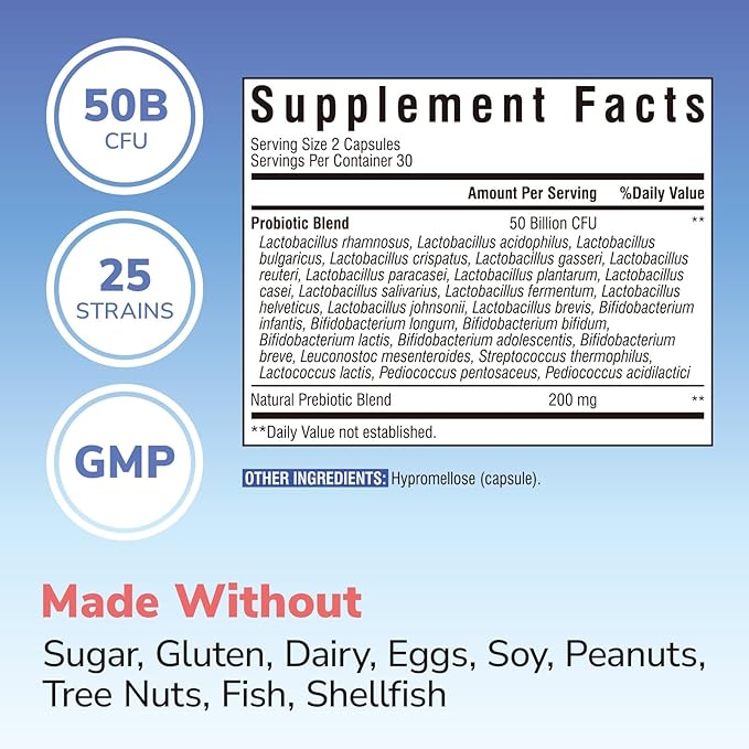 Vitalibre Probiotic for Women and Men, 50 Billion CFU, 25 Diverse Strains Plus Prebiotics, for Digestive Health & Immune Support, Delayed Release, No Refrigeration Needed, 60 Veggie Capsules