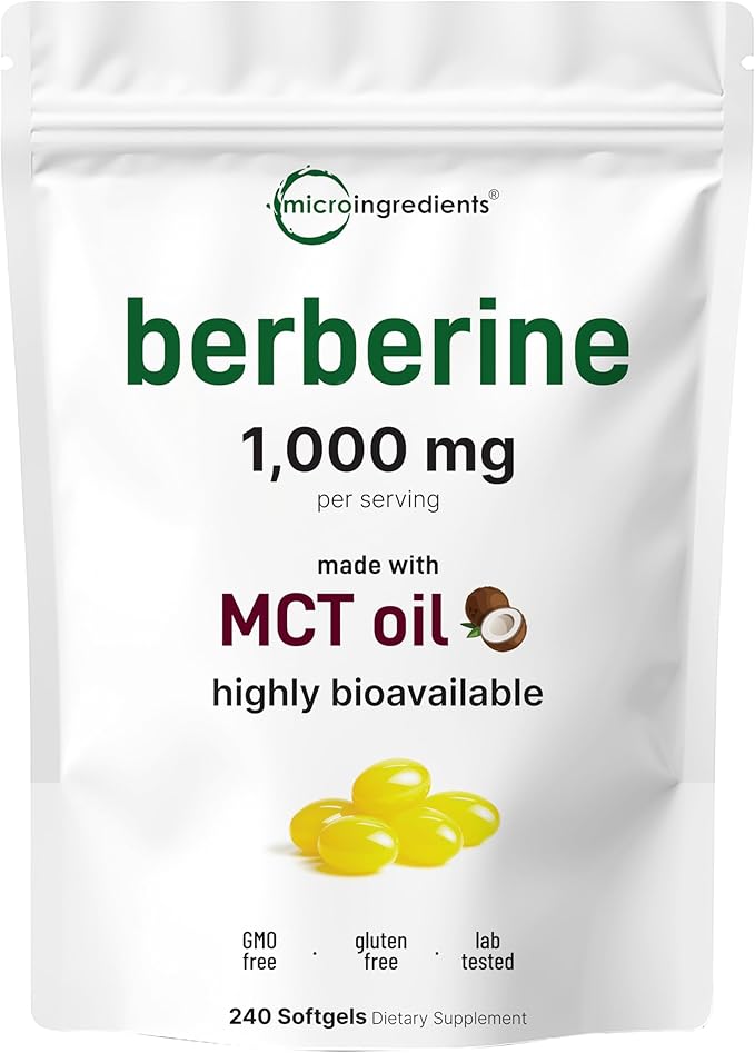 Micro Ingredients Berberine 1000mg with MCT Oil, 240 Softgels | Highly Bioavailable Formula with Berberine HCI from Berberis Aristata | Non-GMO, Gluten Free, No Soy
