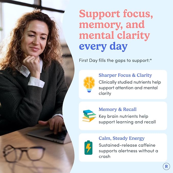 FIRST DAY Women’s Brain Gummies for Focus, Memory & Clarity | Cognizin® Citicoline + Phosphatidylserine | Natural Sustained Energy, Peach Flavor, Vegan, Non-GMO | 30-Day Supply