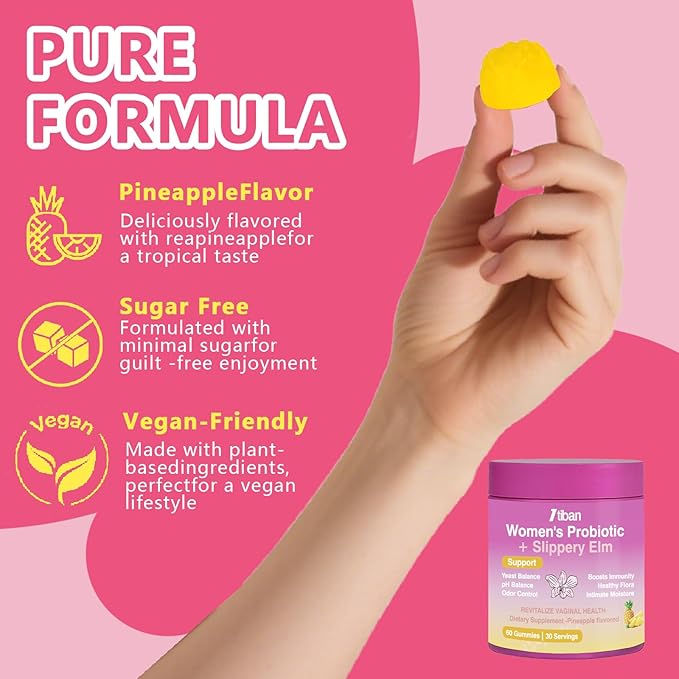 Feminine Vaginal Probiotics Gummies, Supports pH Balance & Digestive Health, Slippery Elm for Women, Suagr-Free, Veagn, Pineapple Flavor, 120 Count