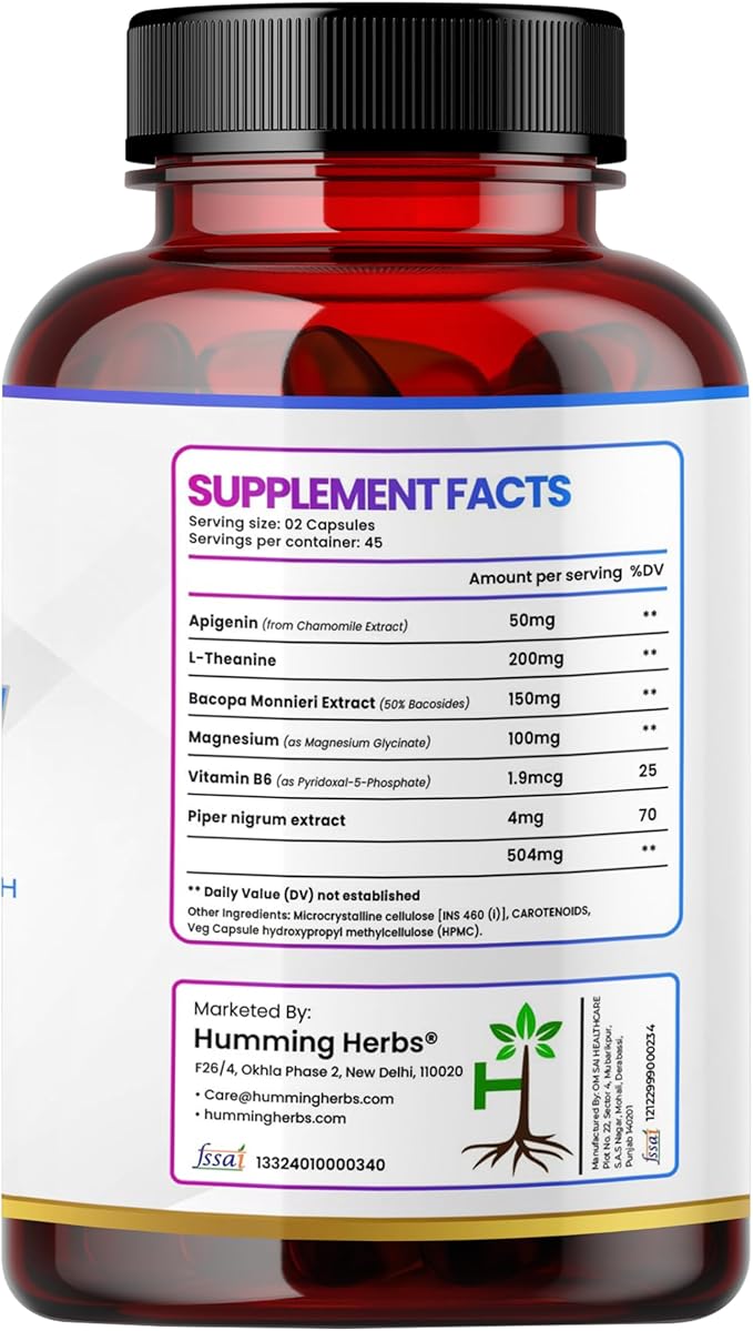 Humming Herbs Apigenin 504mg 6-in-1 Brain & Wellness Supplement with L-Theanine, Bacopa, Magnesium, Vitamin B6, Piper Nigrum – 90 Vegan Capsules