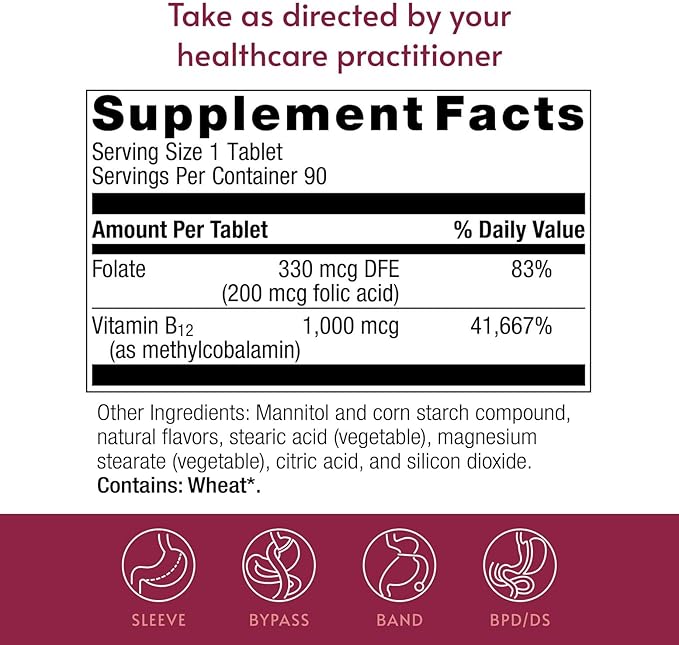 Bariatric Advantage B-12 Speedy Melts, Vitamin B12 1000 mcg Supplement, Fast Melting with 200 mcg of Folic Acid for Nutritional Support - Black Cherry, 90 Count
